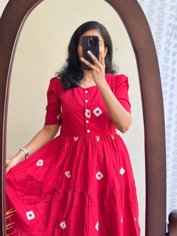 Pink Printed Tiered Cotton Midi Dress for Women
