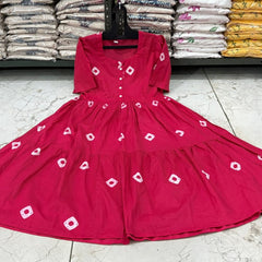 Pink Printed Tiered Cotton Midi Dress for Women