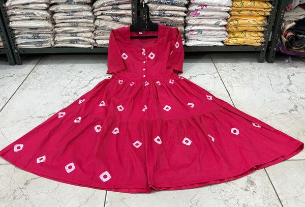 Pink Printed Tiered Cotton Midi Dress for Women