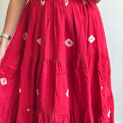 Pink Printed Tiered Cotton Midi Dress for Women