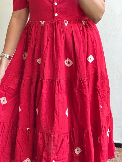 Pink Printed Tiered Cotton Midi Dress for Women