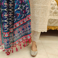 White Embroidered Cotton Suit Set with Multicolor Printed Dupatta