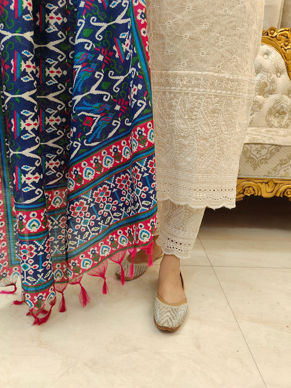 White Embroidered Cotton Suit Set with Multicolor Printed Dupatta