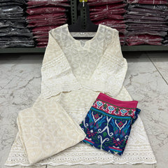 White Embroidered Cotton Suit Set with Multicolor Printed Dupatta