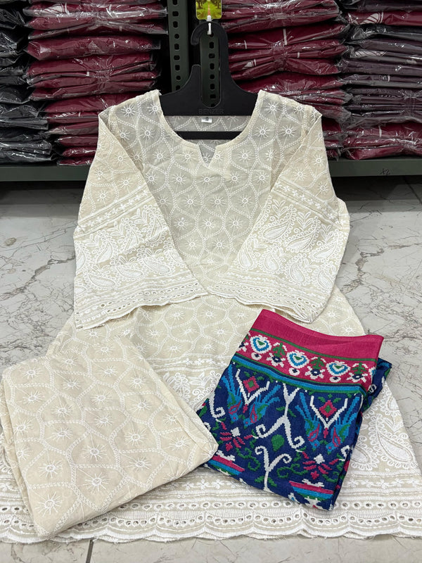 White Embroidered Cotton Suit Set with Multicolor Printed Dupatta