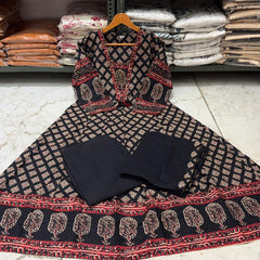Black Printed Anarkali Pure Cotton Suit Set with Dupatta
