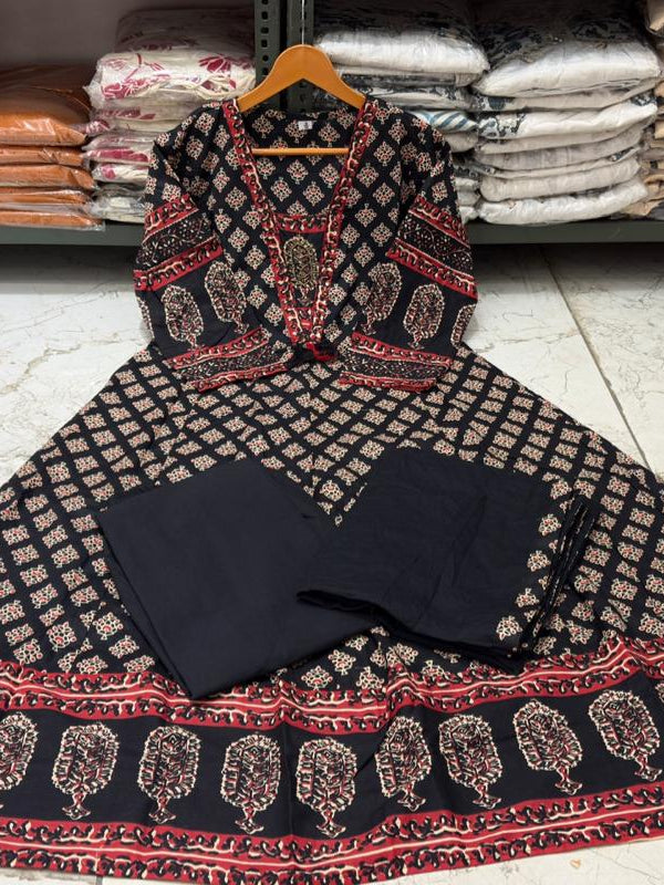Black Printed Anarkali Pure Cotton Suit Set with Dupatta