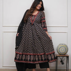 Black Printed Anarkali Pure Cotton Suit Set with Dupatta