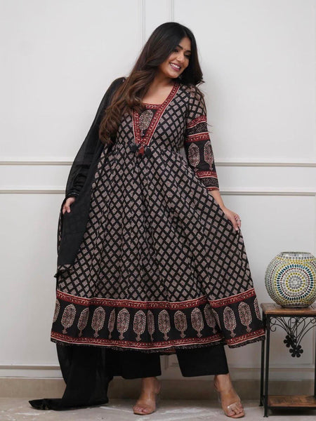 Black Printed Anarkali Pure Cotton Suit Set with Dupatta