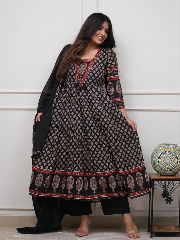 Black Printed Anarkali Pure Cotton Suit Set with Dupatta
