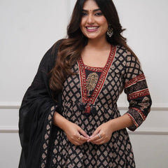 Black Printed Anarkali Pure Cotton Suit Set with Dupatta