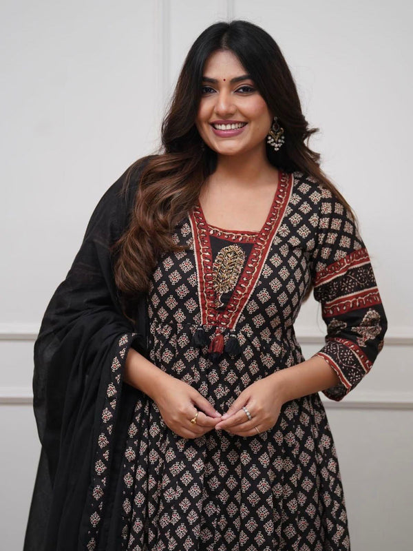 Black Printed Anarkali Pure Cotton Suit Set with Dupatta
