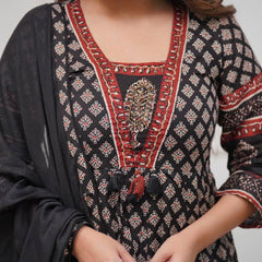 Black Printed Anarkali Pure Cotton Suit Set with Dupatta
