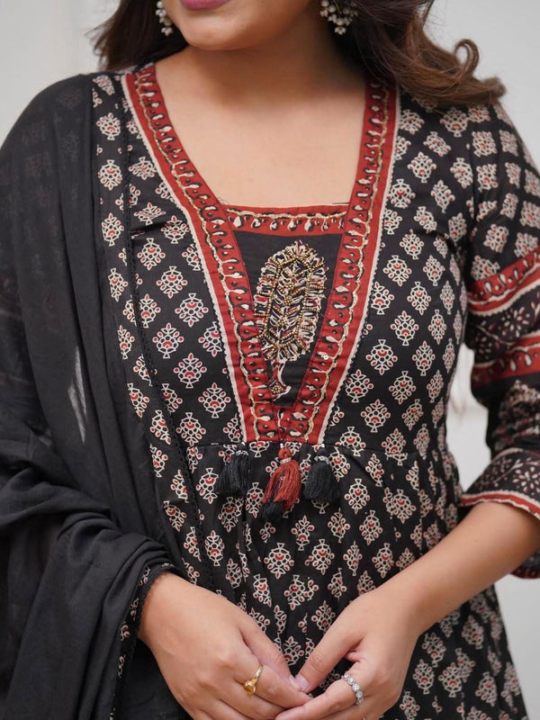 Black Printed Anarkali Pure Cotton Suit Set with Dupatta