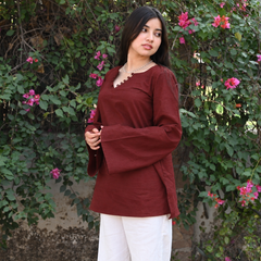 Maroon Flared Sleeve Embroidered Kurti