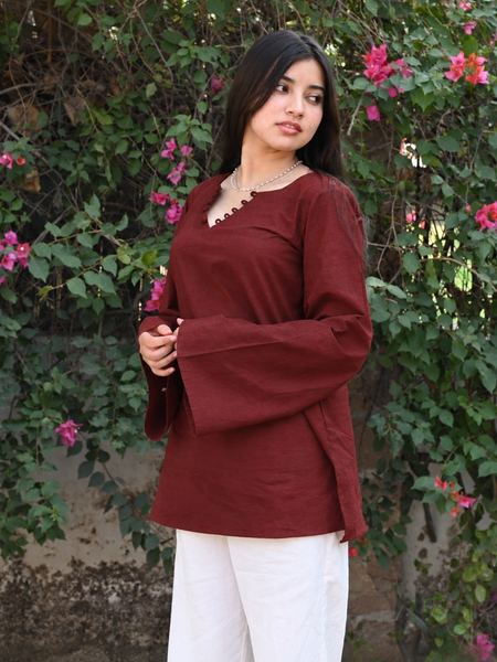 Maroon Flared Sleeve Embroidered Kurti