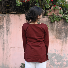 Maroon Flared Sleeve Embroidered Kurti