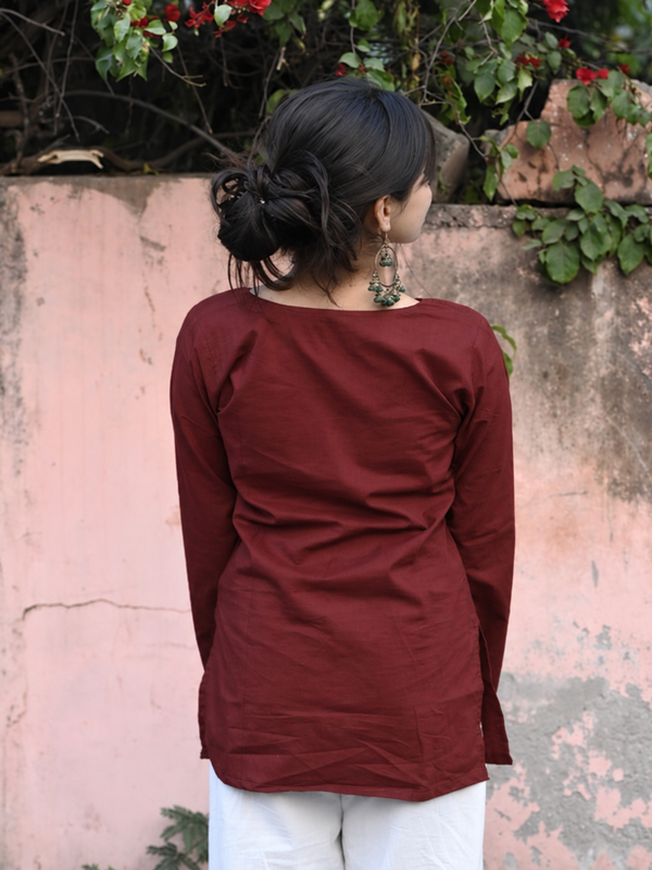 Maroon Flared Sleeve Embroidered Kurti