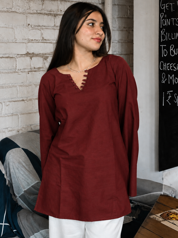 Maroon Flared Sleeve Embroidered Kurti