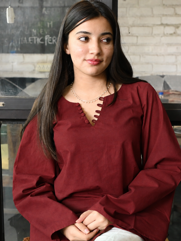 Maroon Flared Sleeve Embroidered Kurti