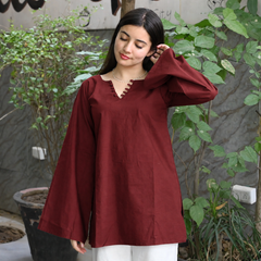 Maroon Flared Sleeve Embroidered Kurti