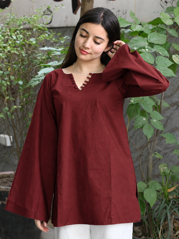 Maroon Flared Sleeve Embroidered Kurti
