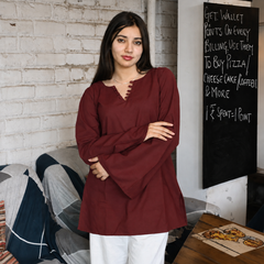 Maroon Flared Sleeve Embroidered Kurti