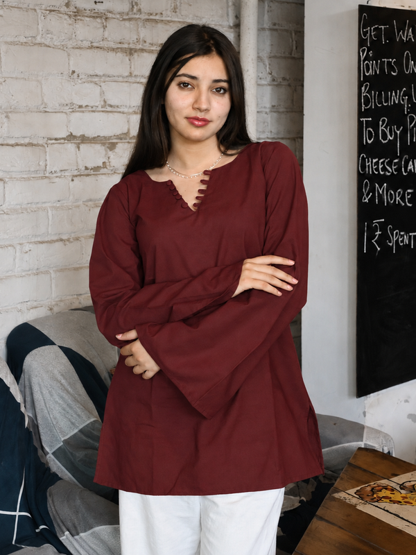 Maroon Flared Sleeve Embroidered Kurti