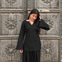 Black Solid Farsi Kurta Set with Wide-Leg Pants