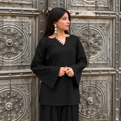 Black Solid Farsi Kurta Set with Wide-Leg Pants