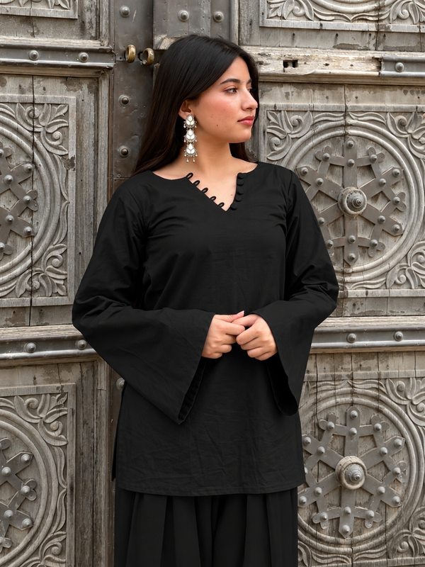 Black Solid Farsi Kurta Set with Wide-Leg Pants