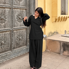 Black Solid Farsi Kurta Set with Wide-Leg Pants