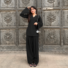 Black Solid Farsi Kurta Set with Wide-Leg Pants