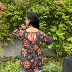 Women's Black Floral Printed Sweetheart Neck Cotton Top
