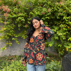 Women's Black Floral Printed Sweetheart Neck Cotton Top