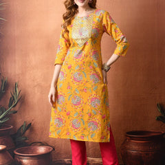 Yellow Floral Straight Rayon Kurta – Bright Everyday Ethnic Wear