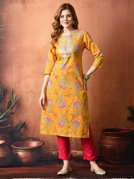 Yellow Floral Straight Rayon Kurta – Bright Everyday Ethnic Wear