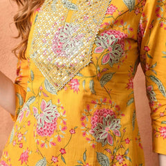 Yellow Floral Straight Rayon Kurta 