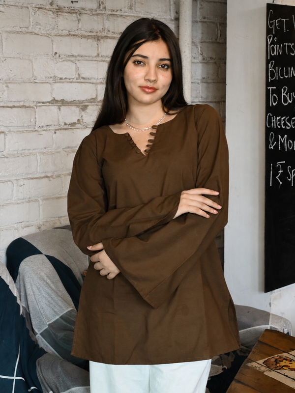 Women Maroon Bell Sleeve Kurta | Elegant Minimal Ethnic Top for Women
