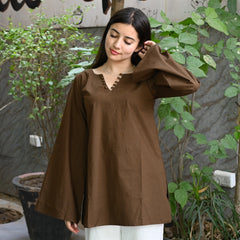 Women Maroon Bell Sleeve Kurta | Elegant Minimal Ethnic Top for Women
