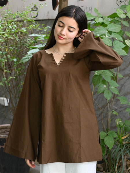 Women Brown Bell Sleeve Kurta | Elegant Minimal Ethnic Top for Women