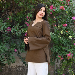 Women Maroon Bell Sleeve Kurta | Elegant Minimal Ethnic Top for Women