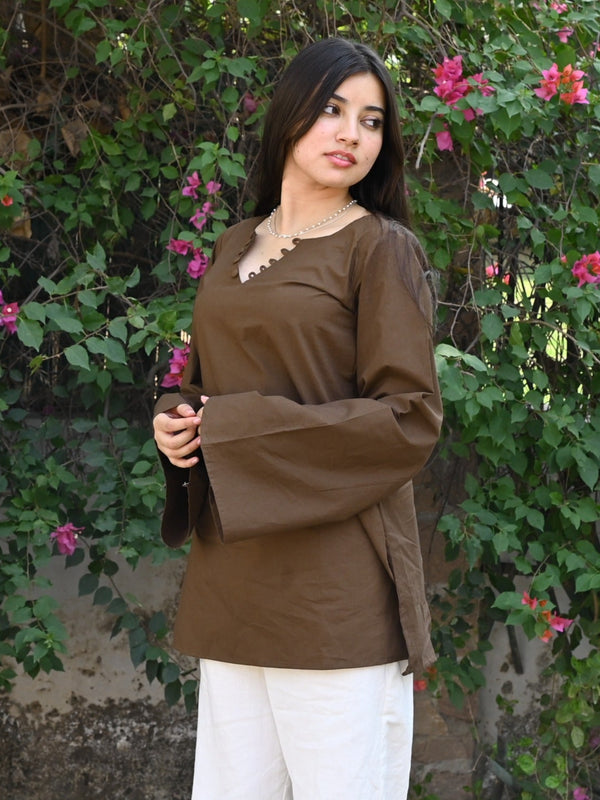 Women Maroon Bell Sleeve Kurta | Elegant Minimal Ethnic Top for Women