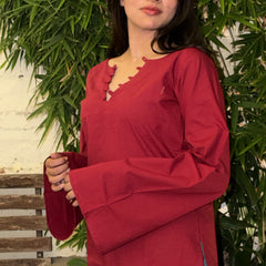 Women Maroon Bell Sleeve Kurta | Elegant Minimal Ethnic Top for Women