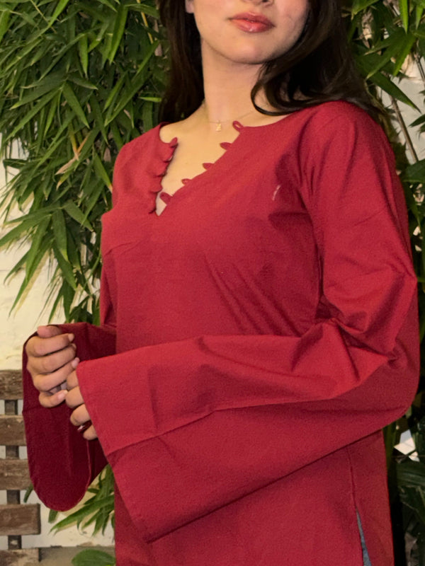 Women Maroon Bell Sleeve Kurta | Elegant Minimal Ethnic Top for Women