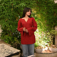 Women Maroon Bell Sleeve Kurta | Elegant Minimal Ethnic Top for Women