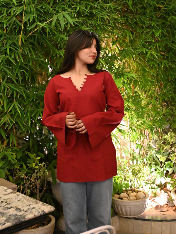Women Maroon Bell Sleeve Kurta | Elegant Minimal Ethnic Top for Women