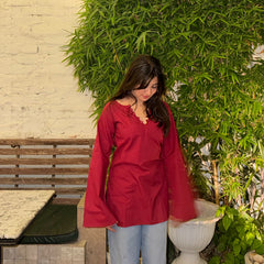 Women Maroon Bell Sleeve Kurta | Elegant Minimal Ethnic Top for Women