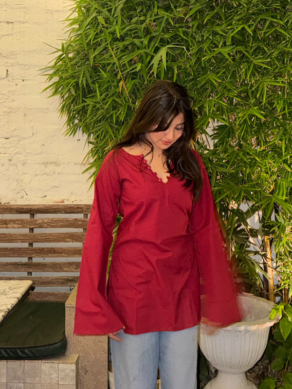 Women Maroon Bell Sleeve Kurta | Elegant Minimal Ethnic Top for Women