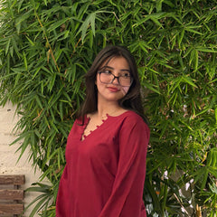 Women Maroon Bell Sleeve Kurta | Elegant Minimal Ethnic Top for Women